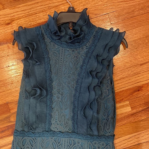 AQUA FOREST GREEN LACE DRESS WITH RUFFLE AND MOCK NECK - Picture 6 of 6